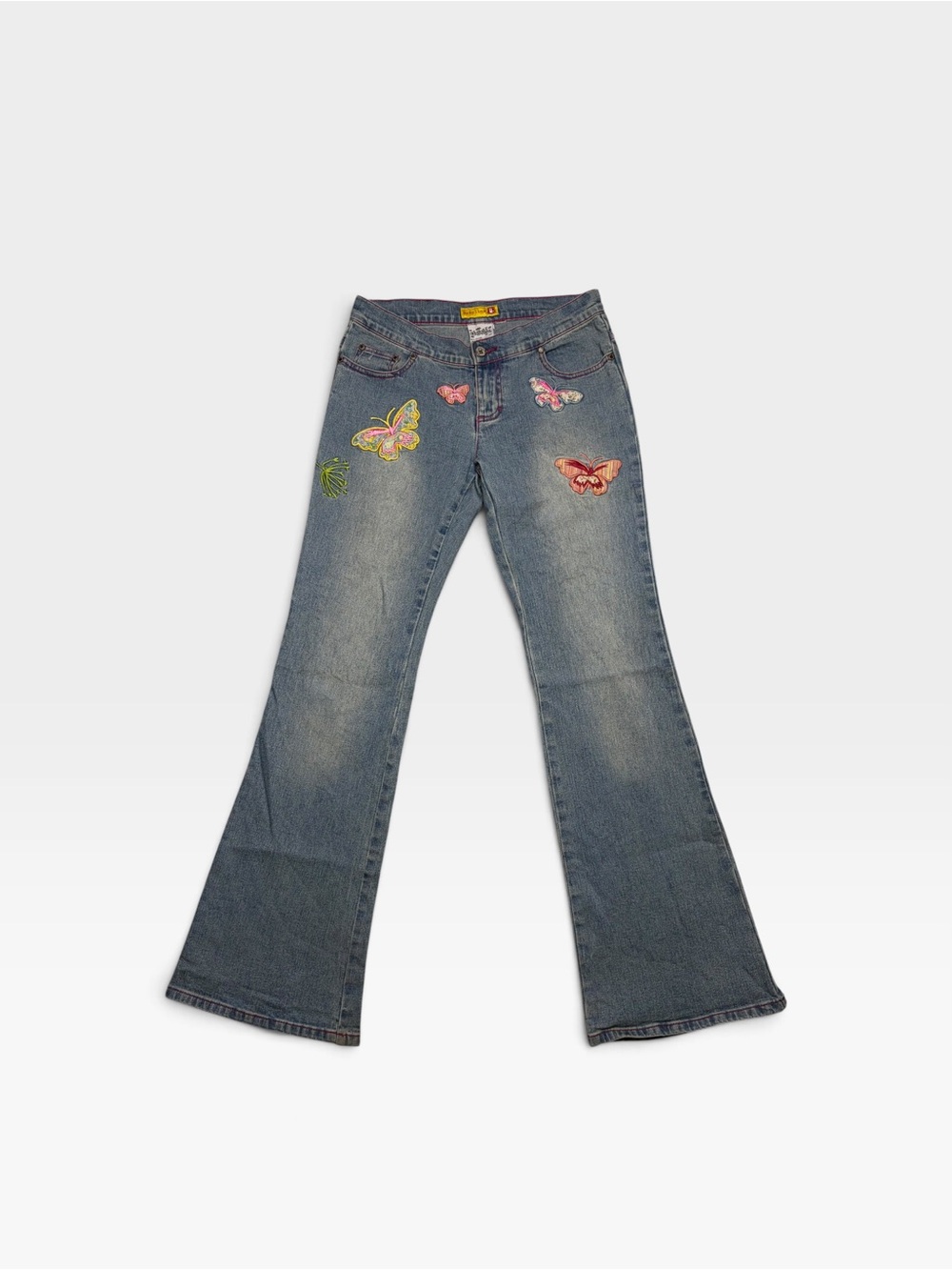 Vintage 90s Gasoline Butterfly Patchwork Low Rise Denim Flare Pants Size 3